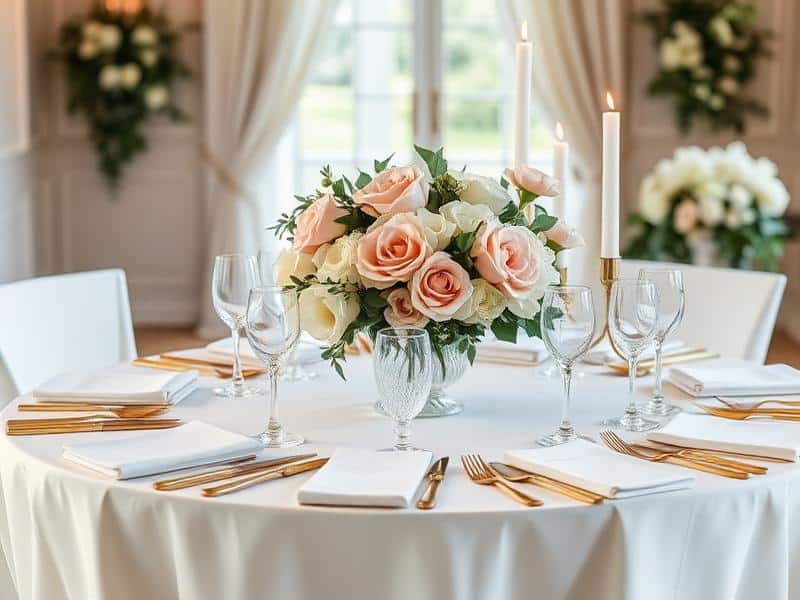 Mesa elegante con flores y copas de boda
