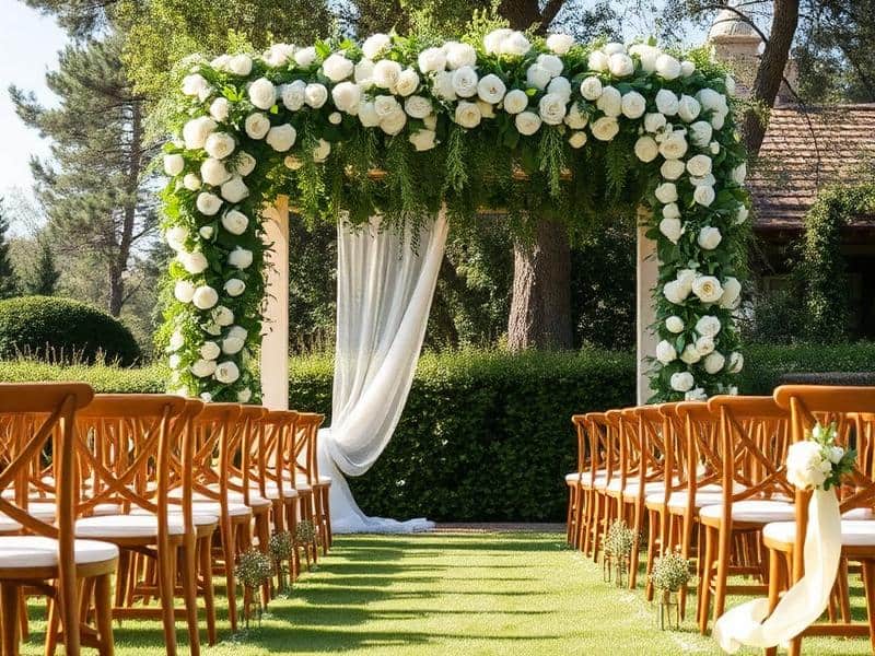 Arco floral blanco para boda al aire libre